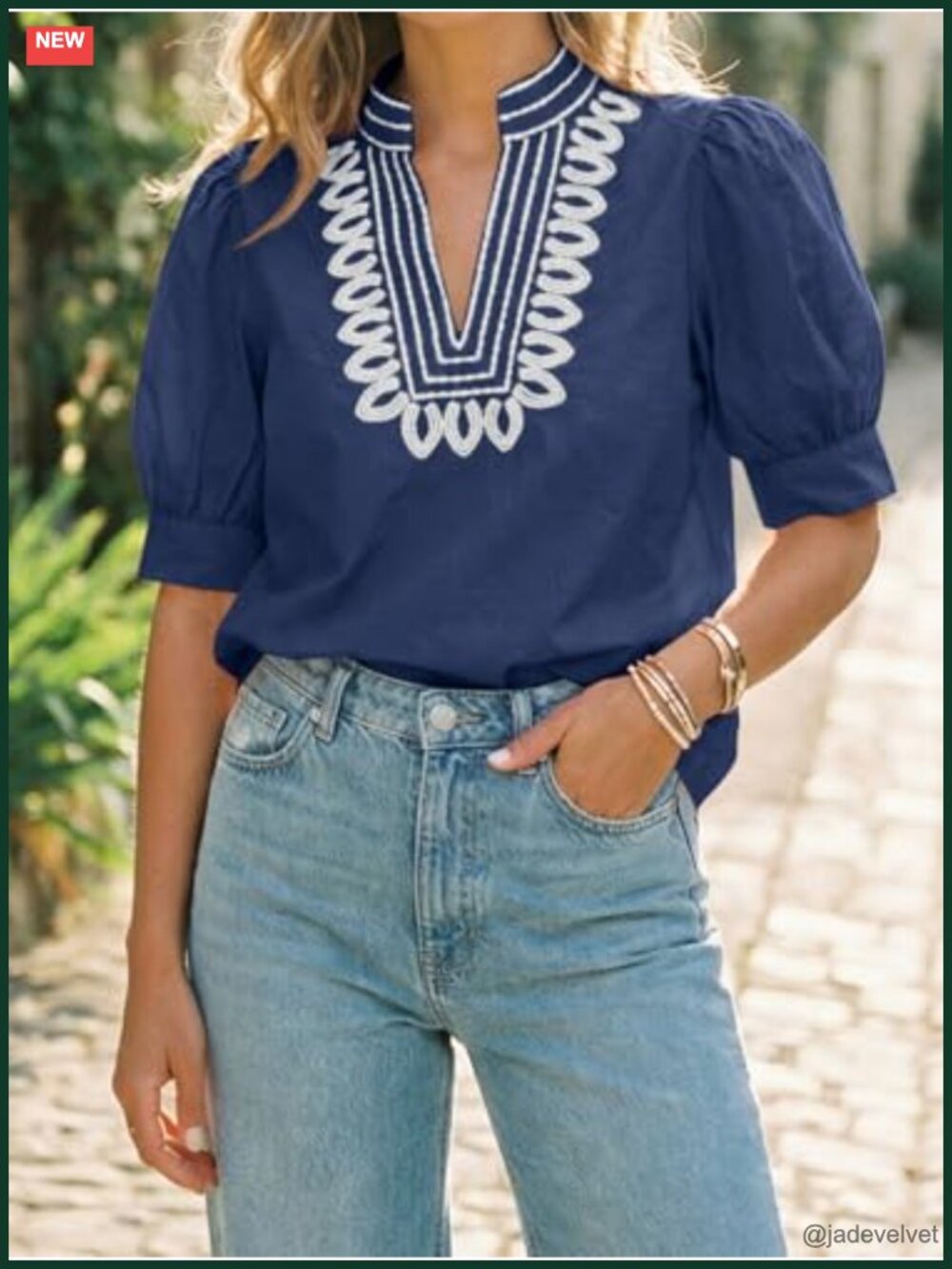 Puff Short Sleeve Blouse Embroidered V Neck Loose Fit Summer Top - Picture 3 of 6